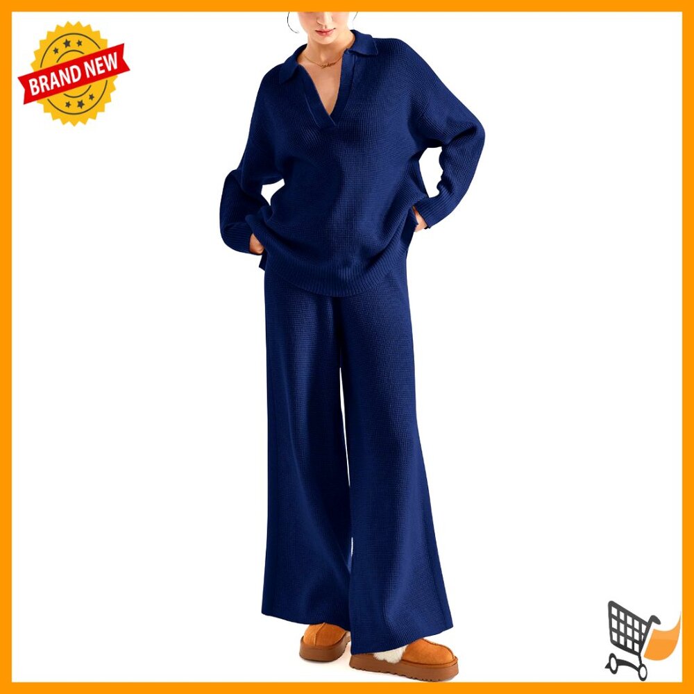 Waffle Knit Lounge Set Oversized Sweater Wide Leg Pants Matching Outfit